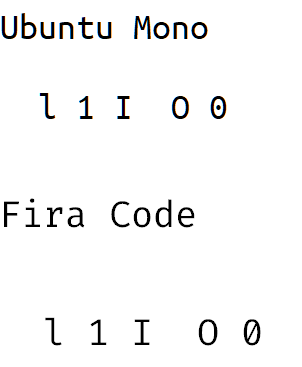 two examples: Ubunto Mono and Fira Code, both examples show the characters l 1 I and O 0