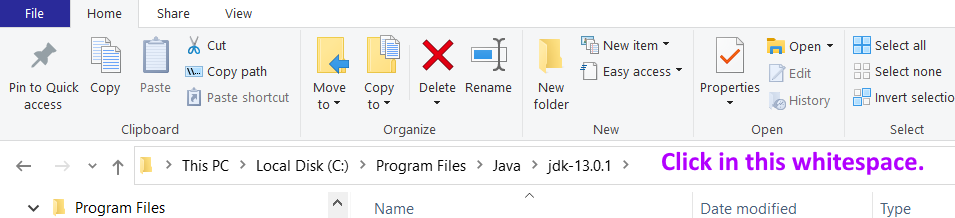 top part of the previous image focusing on the address bar that has This PC > Local Disk C > Program Files > Java > jdk-13.0.1 > and some blank space after that