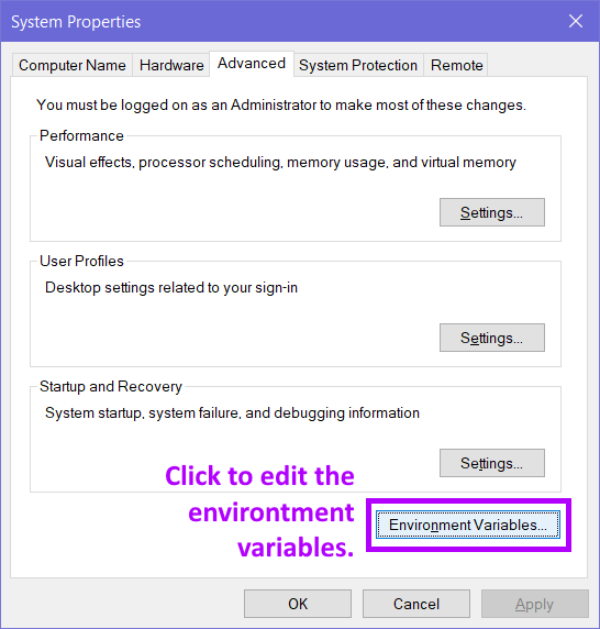 system properties dialog: 3 areas, all with own Settings button, and Environment Variables button below the 3 areas; buttons Ok, Cancel, disabled Apply at bottom of dialog