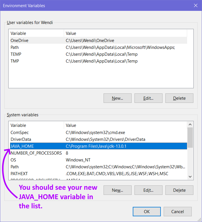 environment variables window again, this time showing the new JAVA_HOME variale in the list of System Variables