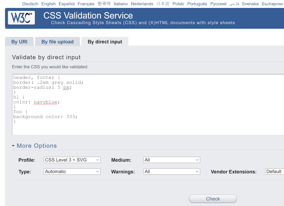 css validator screen, direct input