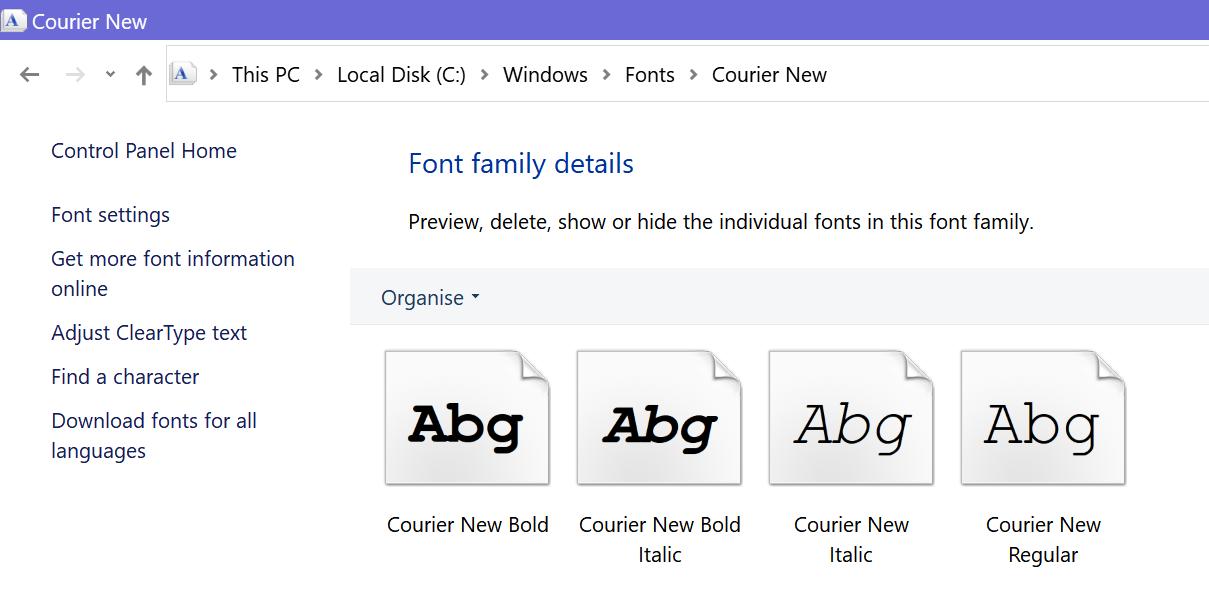 an example showing the four files for the Courier New font