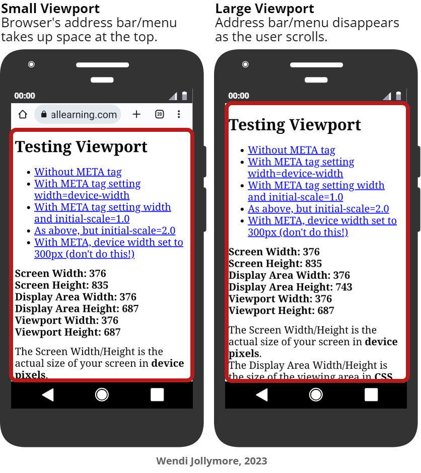 two phones, one shows small viewport with address bar showing, one shows large viewport with no address bar