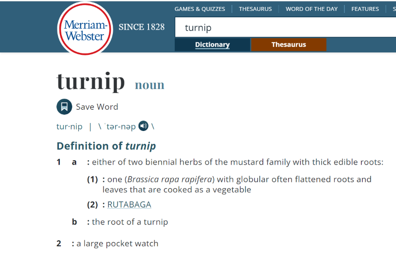 the word 'turnip' in the online Merriam-Webster dictionary