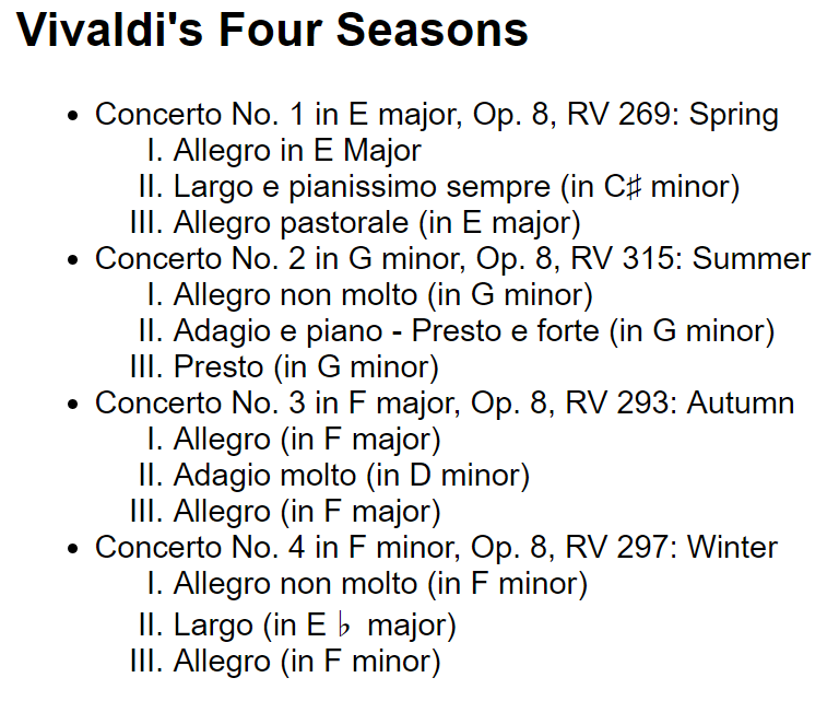 each concerto in a bulleted list, each set of 3 movements uses upper-case roman numerals