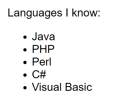 an unordered list containing java, php, perl, c#, and visual basic