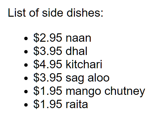an unordered list containing the side dishes and their prices