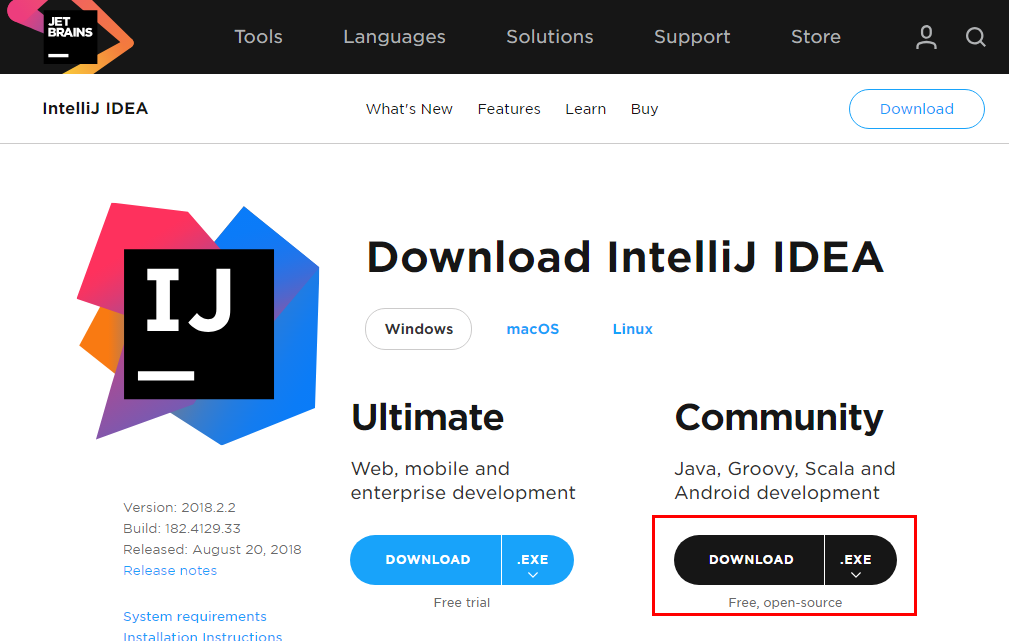 the main download page with 2 options: Ultimate (web, mobile, and enterprise development, costs $), and Community (Java, Groovy, Scala, and Android development, free, open source)
