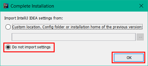 dialog: Complete Installation; radio buttons to import settings from another version or not at all (selected), OK button
