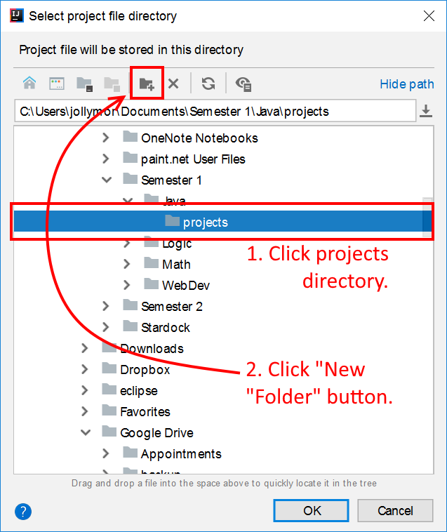 select project file directory dialog: the 5th button in the button bar is outlined in red; below that is a file browser to the /projects directory; OK and Cancel buttons at the bottom
