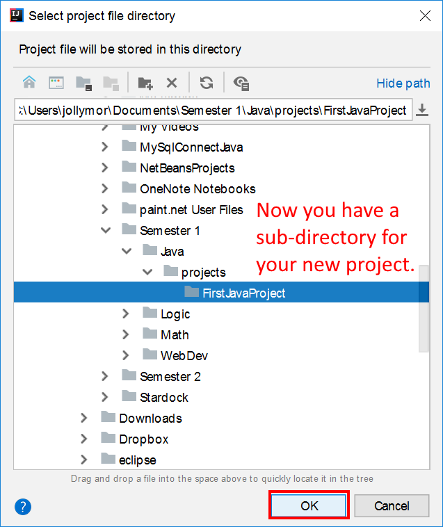 back at the select project file directory dialog, the new FirstJavaProject direcgtory showing in the file browser