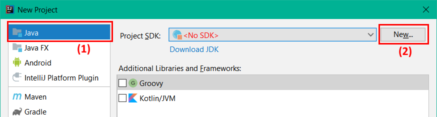 new project dialog: a list of project types on the left; in the main part of the dialog, a Project SDK drop-down list (currently says NO SDK in it, which might be different on yours, followed by NEW button; below that is a list of additional libraries and frameworks you can ignore