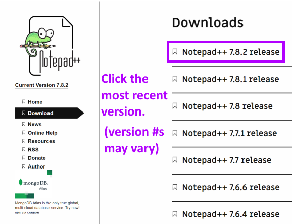 main download page for notepad++: menu on the left and links to downloads in the main part of the screen