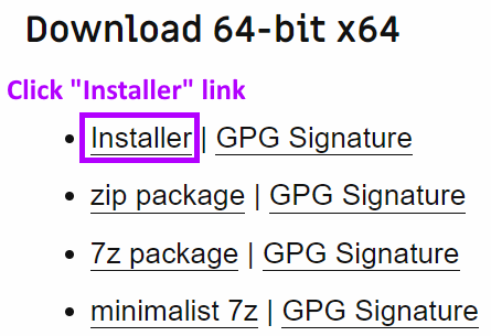 list of installation links: the first item has Installer link, the rest can be ignored