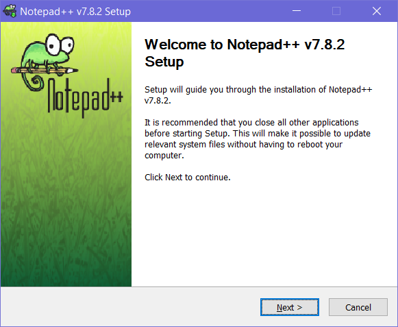First screen: you're about to install Notepad++, next and cancel buttons