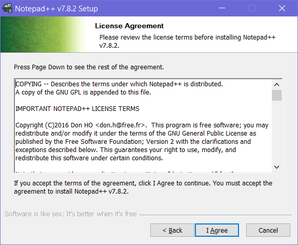 Second screen: license agreement with Back, I agree, and Cancel buttons
