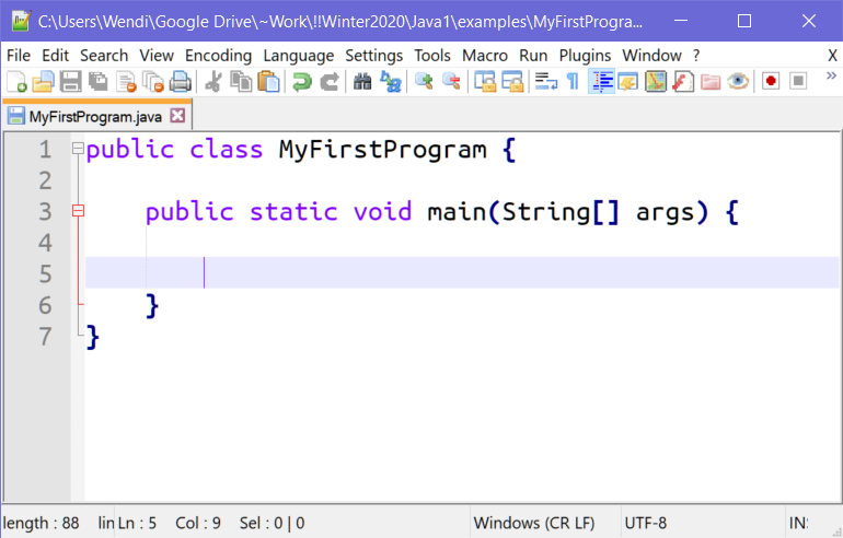 the first program with the empty main() method in the
                         Notepad++ editor, there are line numbers along the left side