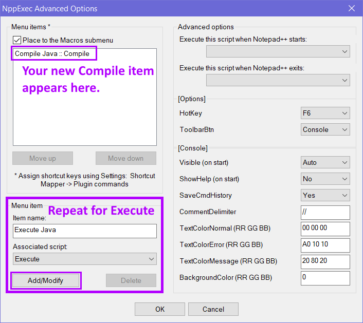 the same advanced options window, showing that the Compile Java item now appears in the list of menu items below the check box you checked earlier; the bottom area Menu Items has a note Rpeat for Execute, and shows the item name as Execute Java and the selected script as Execute