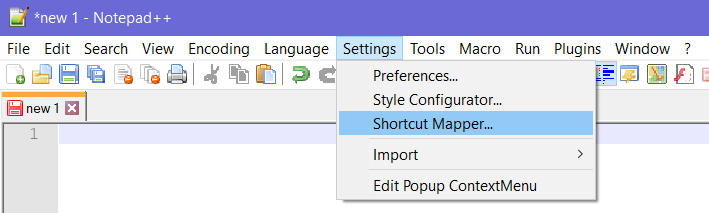 main Notepad++ window showing the Settings menu open, Shortcut Mapper selected