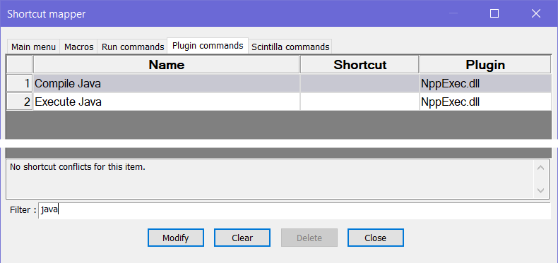 shortcut mapper window, the plugin commands tab: a huge list of all the menu items and their shortcut keys that has been filtered down to just Compile Java and Execute Java; Filter field at the bottom contains the text java; 