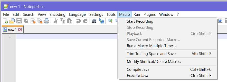 main Notepad++ window showing the Macro menu open; the Compile Java and Execute Java items are showing with their keyboard shortcuts