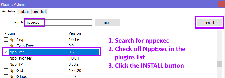 plugins admin window with nppexec in search box; below that is plugins list showing NppExec checked; install button top-right