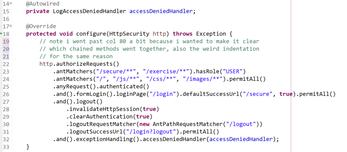 the code for the configure(HttpSecurity) method in the security config class