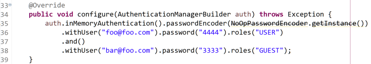 the code for the configure(AuthenticationBuilderManager) method in the security config class