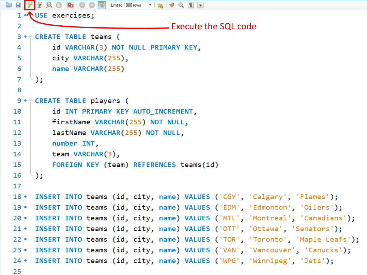 the sql code that uses the logindb database, creates players and teams tables, and populates teams, also adds foreign key players.team to teams.id