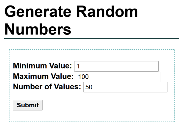 input form with fields for min value, max value, number of values