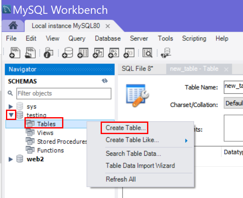 create a new table in workbench