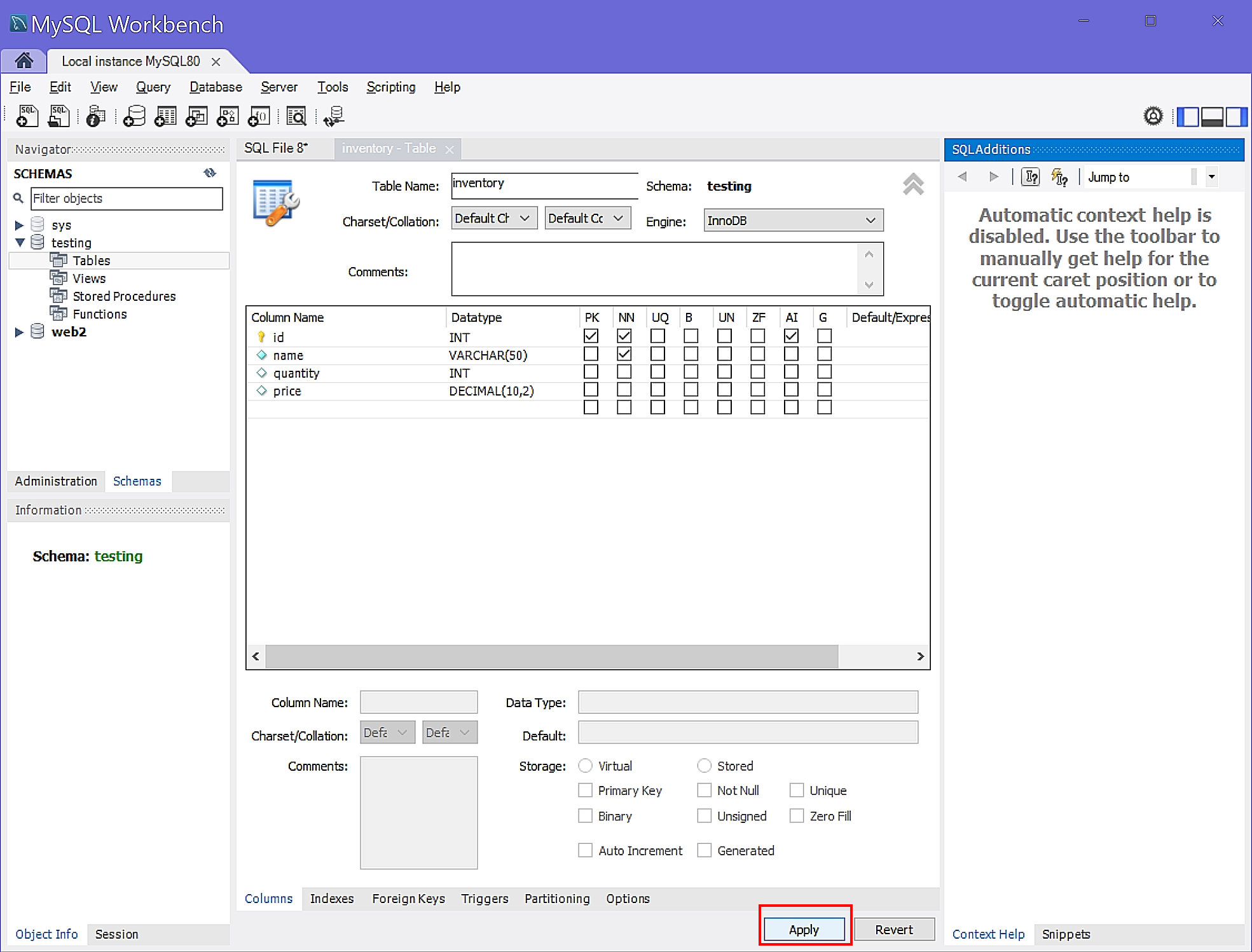 all the columns in the create table screen