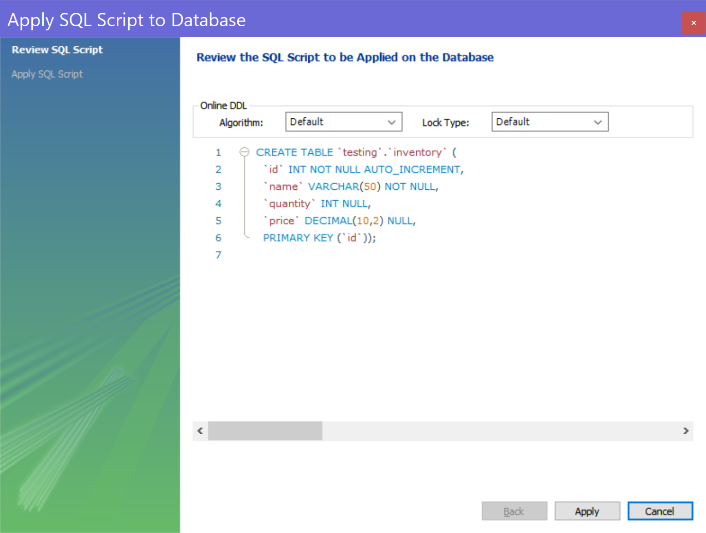 confirmation screen with sql