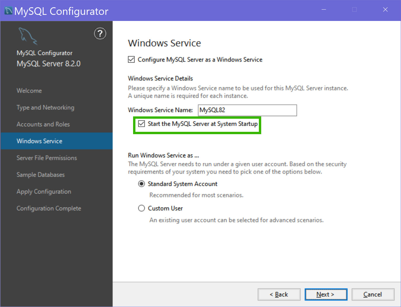 configure MySQL as a service