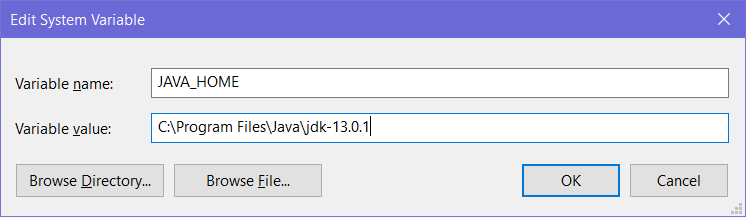 Edit System Variable dialog: a field Variable Name and a second field Variable Value; buttons Browse Directory.. Browse File on the left; buttons Ok, Cancel on the right