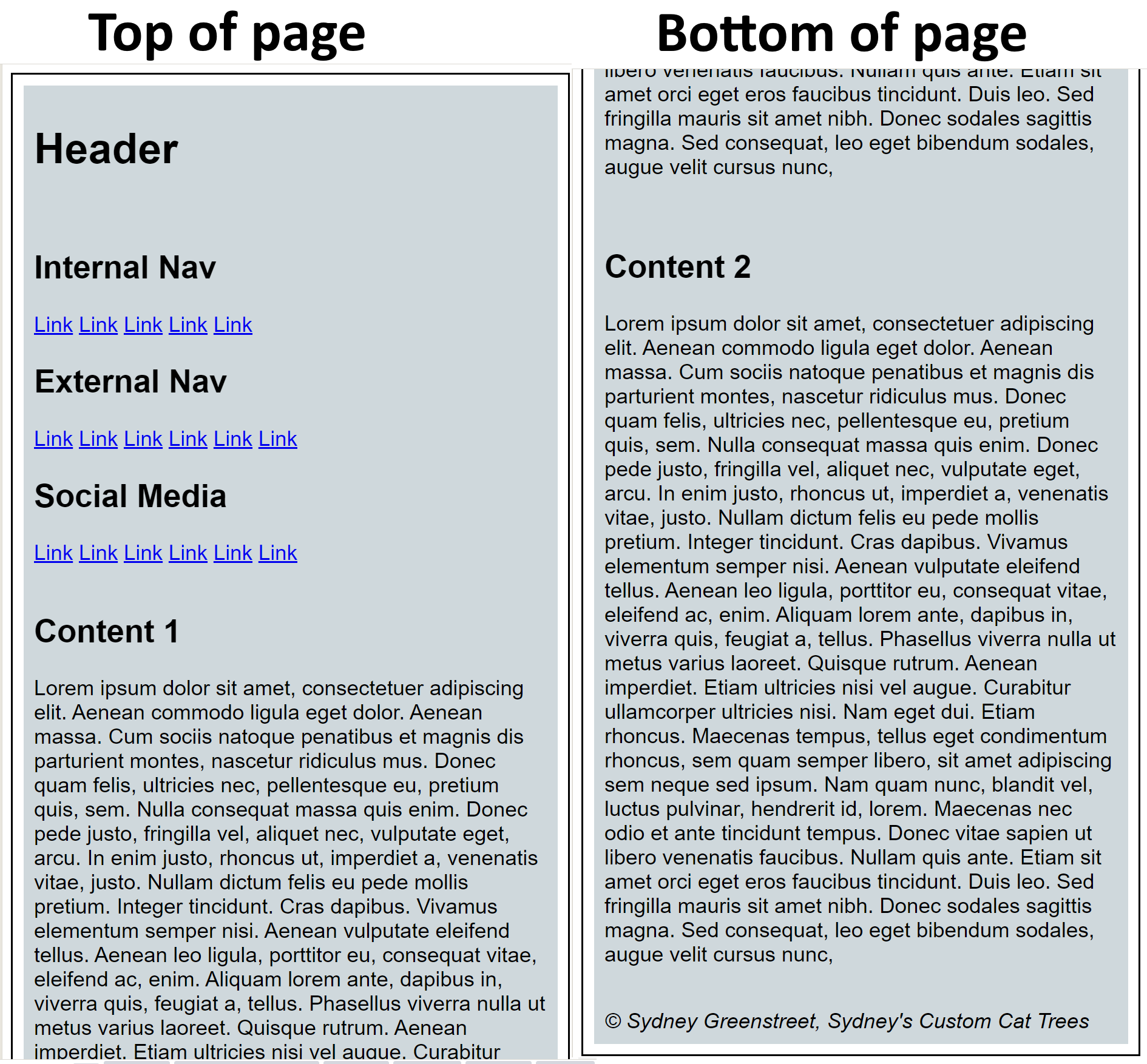 a single column with the header, container of navigation, first article, second article, footer; the links are in rows that wrap