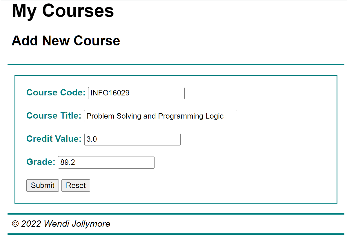 form with fields for course code, title, credits, grade