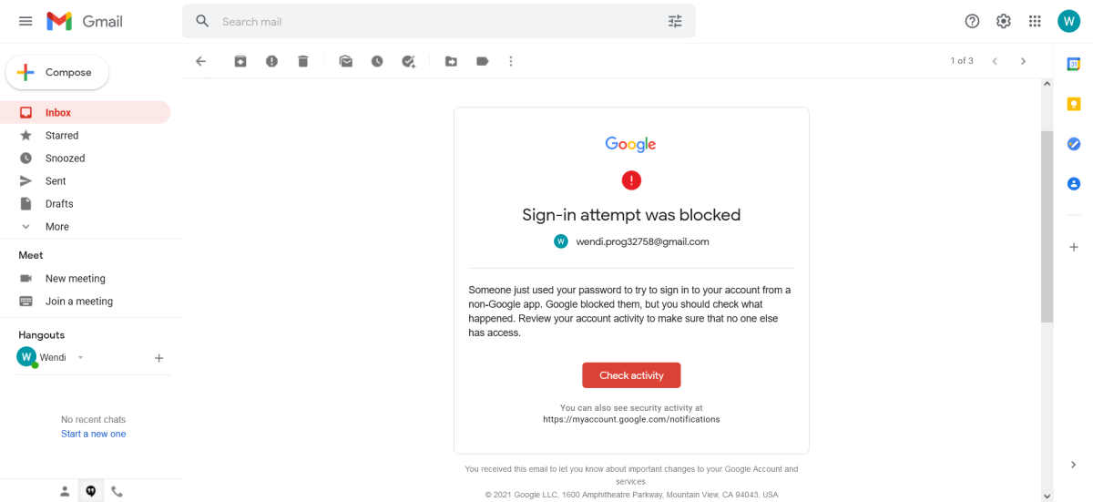 warning message from gmail that a sign in attempt was blocked