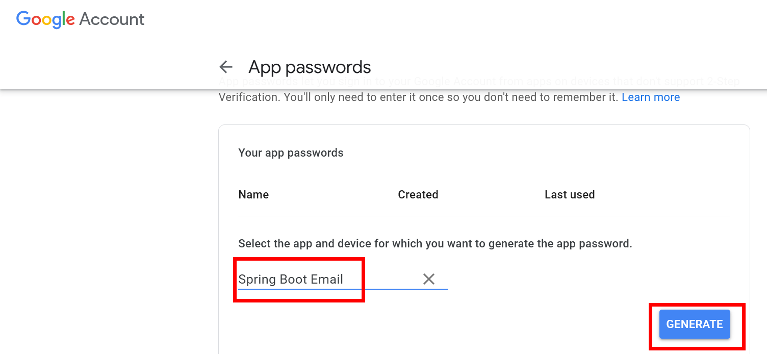 enter Spring Boot Email and press Generate button