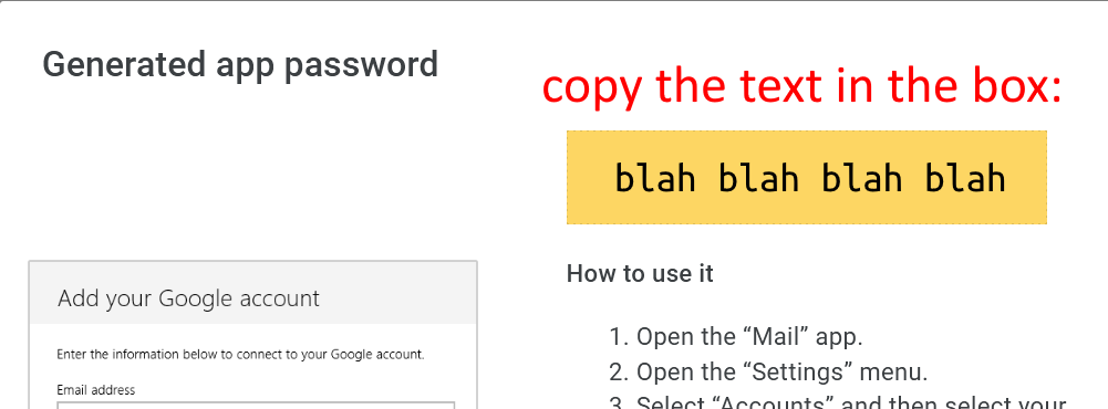 copy the password that was generated, it's under the heading Generated App Password