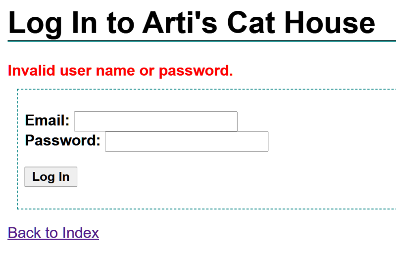 the login form with the message Invalid user name or password