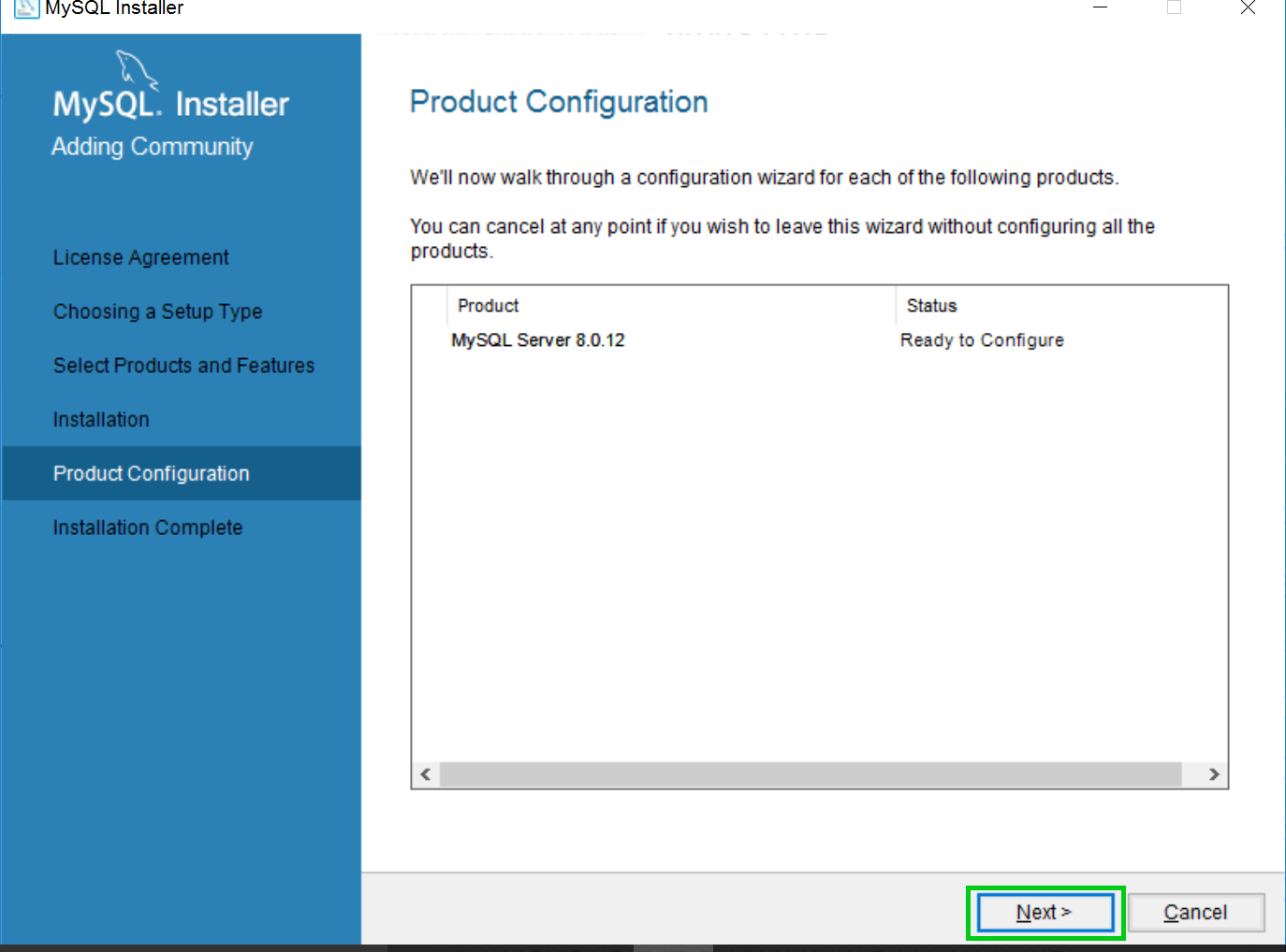 Product Configuration Screen