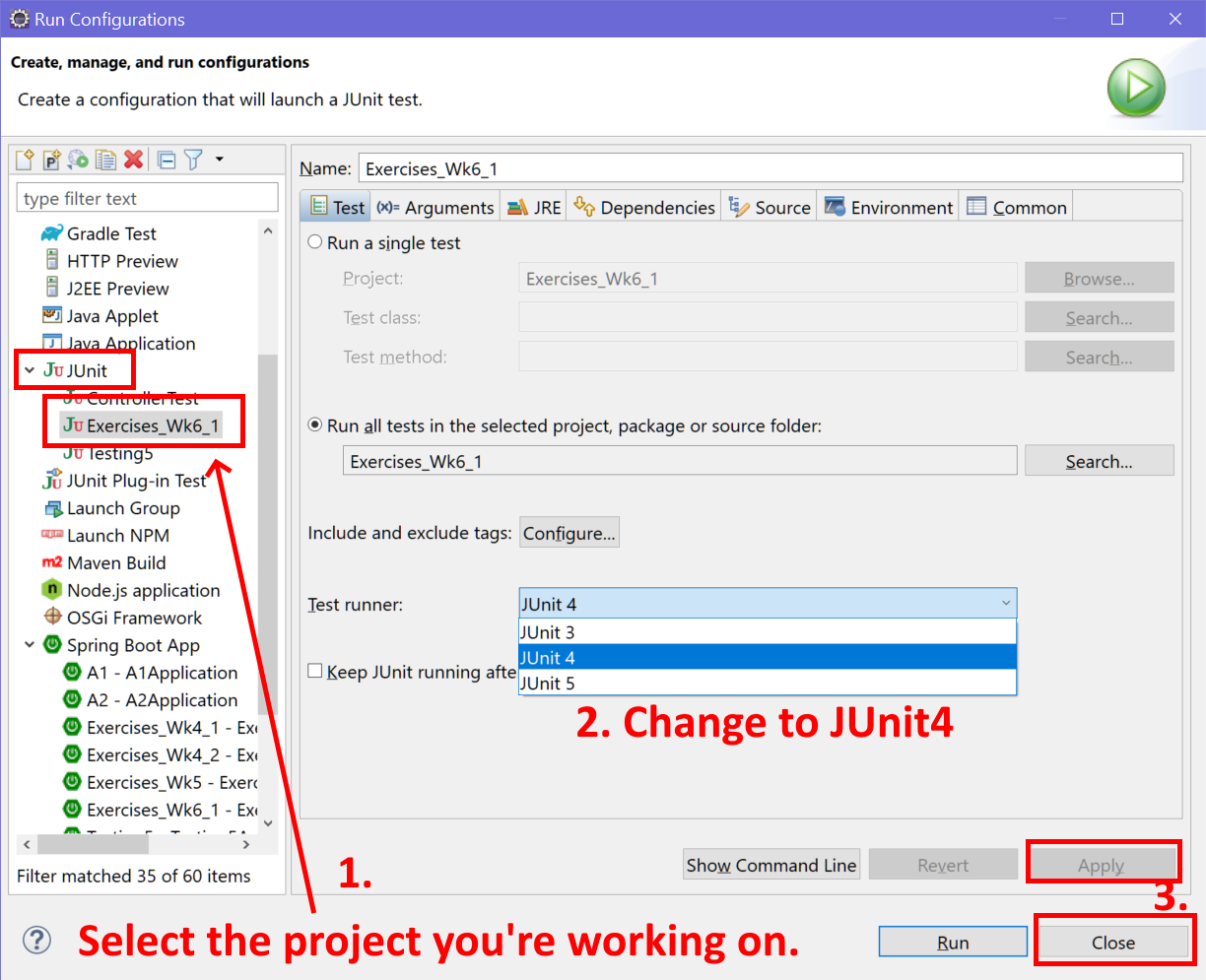In the Junit item, select your current project, then change test runner to junit 4 from the drop down list