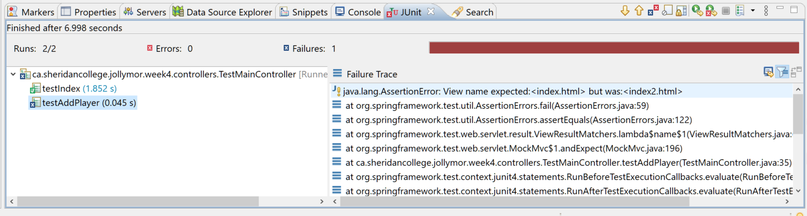 the output in the junit tab shows that the test failed