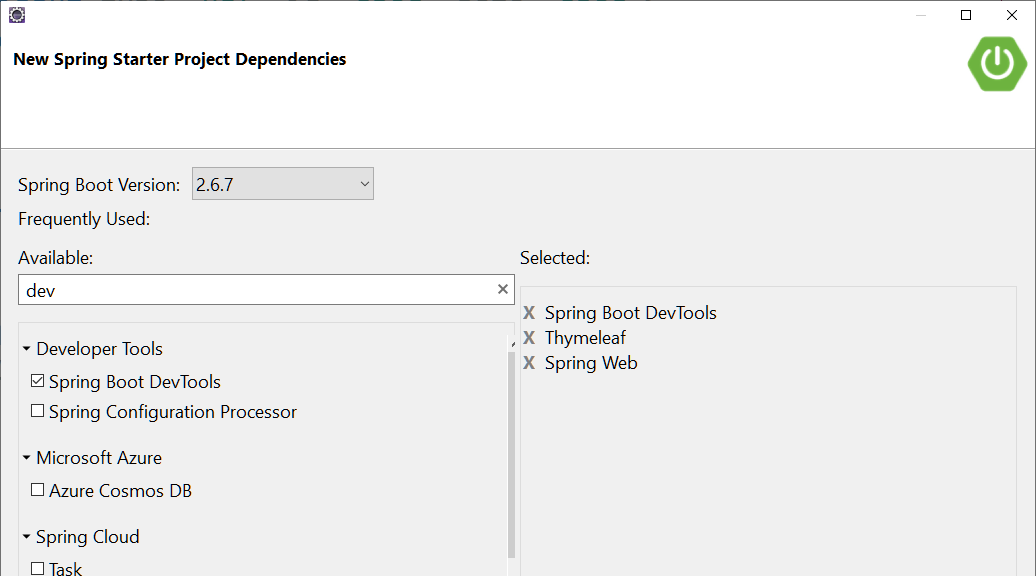 Adding the spring dev tools dependency