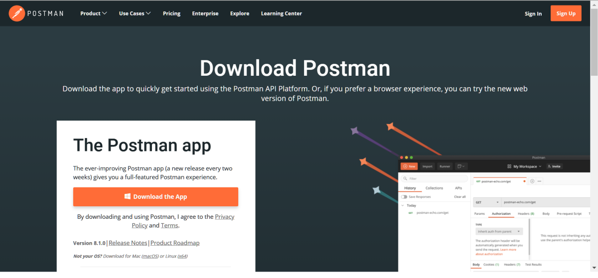the postman download page