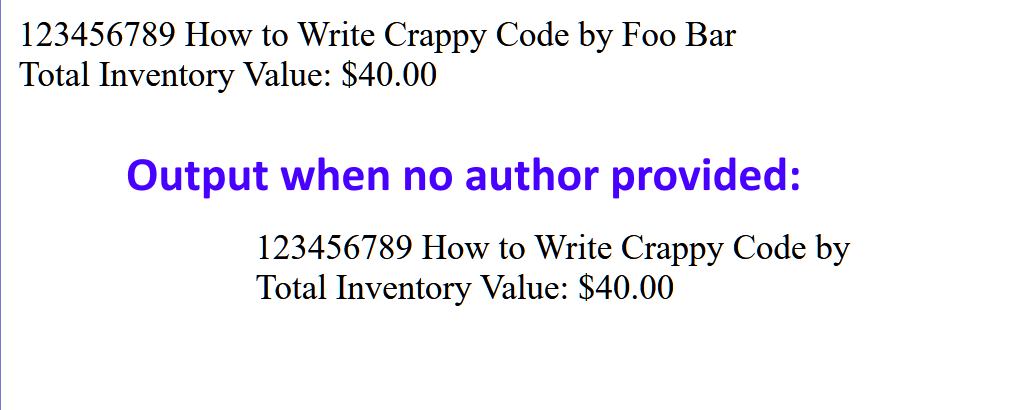 output showing a title, then the word 'by', then the author; below that is total inventory value followed by formatted $40.00