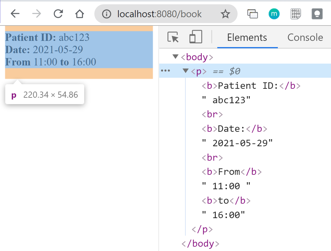same output as above but only patient id, date and times; html source showing only those items