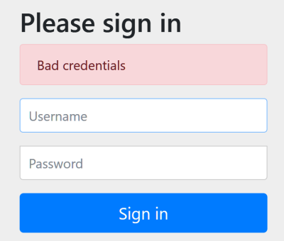 basic form with Bad credentials error message and blank fields