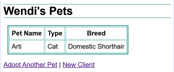 adoption output with one pet